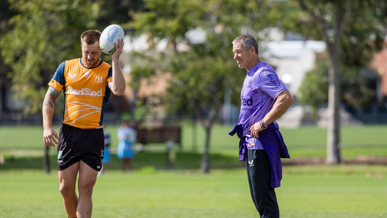 Craig Bellamy with Storm star Cameron Munster. Picture: Jason Edwards