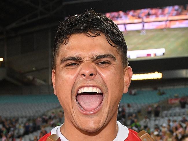 Latrell Mitchell of the Roosters celebrates following their win in the 2019 NRL Grand Final between the Canberra Raiders and the Sydney Roosters at ANZ Stadium in Sydney, Sunday, October 6, 2019. (AAP Image/Dan Himbrechts) NO ARCHIVING, EDITORIAL USE ONLY