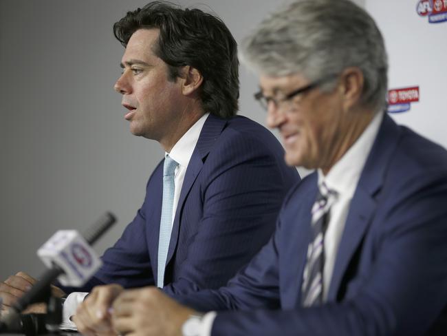 AFL chief executive Gillon Mclachlan and former AFL chairman Mike Fitzpatrick may face the prospect of being called to give evidence. Picture: Darrian Traynor/Getty Images