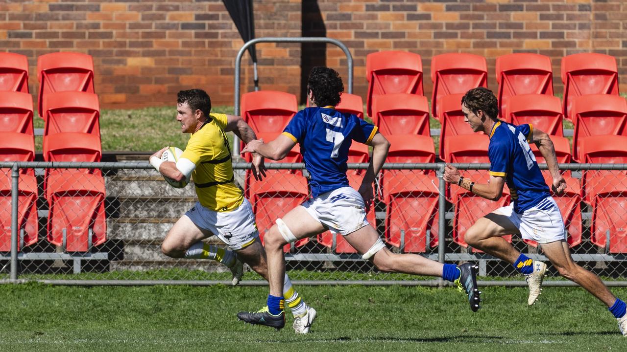 Oscar Hunt on the way to try for Goondiwindi Emus against Dalby Wheatmen in Downs Rugby B grade Bill Flamsteed Cup grand final rugby union at Toowoomba Sports Ground, Saturday, August 24, 2024. Picture: Kevin Farmer