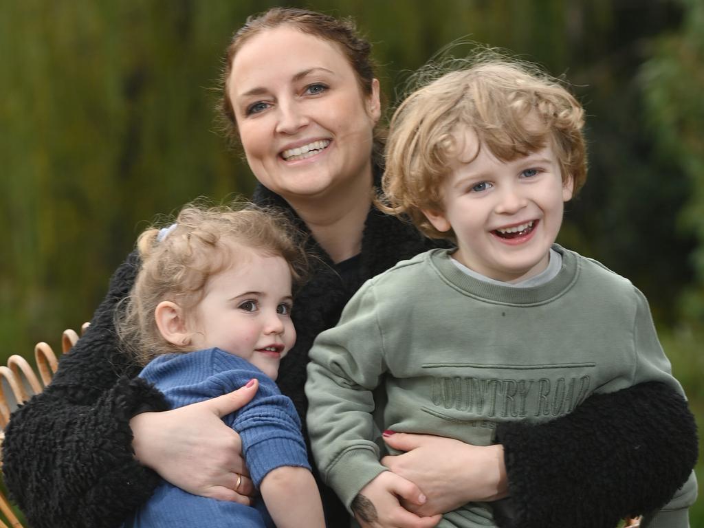 Happy and healthy ... Natalie Trainor with son August, 5, and daughter Lottie now. Picture: Keryn Stevens