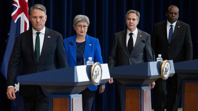 Australian Deputy Prime Minister and Minister for Defence Richard Marles, Foreign Minister Penny Wong, US Secretary of State Antony Blinken and US Secretary of Defense Lloyd Austin III arrive for a press conference at AUSMIN in Washington DC.