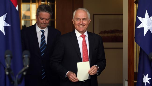 Job PD863637. The Prime Minister Malcolm Turnbull with Senator Mathias Cormann during a press conference speaking about the results of the Australian Marriage Law Postal Survey at Parliament House in Canberra. Picture Gary Ramage