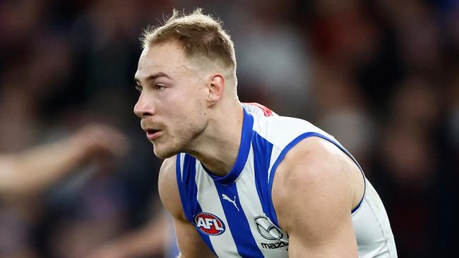 MELBOURNE, AUSTRALIA - AUGUST 12: Ben McKay of the Kangaroos in action during the 2023 AFL Round 22 match between the North Melbourne Kangaroos and the Essendon Bombers at Marvel Stadium on August 12, 2023 in Melbourne, Australia. (Photo by Michael Willson/AFL Photos via Getty Images)