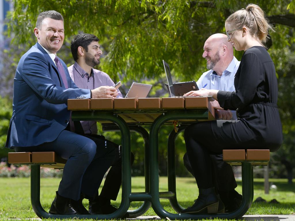 Credit Union SA chief executive Todd Roberts (left) with fraud officer Chris Pugliese, chief risk officer Chris Ryan and member experience consultant Sherelee Buttle. Picture: Naomi Jellicoe