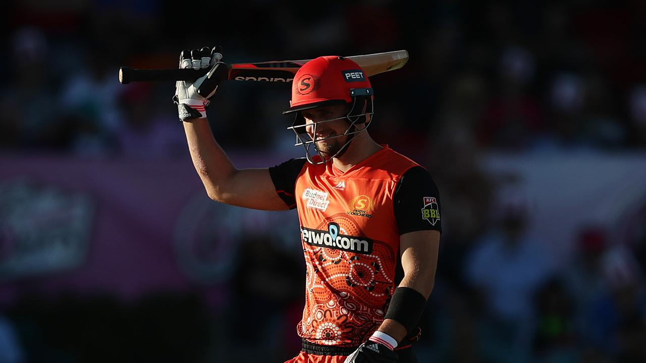 CANBERRA, AUSTRALIA - JANUARY 16: Liam Livingstone of the Scorchers celebrates and acknowledges the crowd after hitting a half century during the Big Bash League match between the Sydney Sixers and the Perth Scorchers at Manuka Oval, on January 16, 2021, in Canberra, Australia. (Photo by Mark Metcalfe/Getty Images)