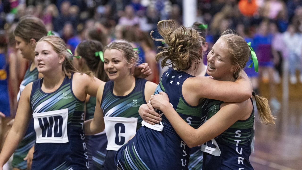 St Ursula's Senior B team celebrate defeating Downlands Second VII in Merici-Chevalier Cup netball at Salo Centre, Friday, July 19, 2024. Picture: Kevin Farmer