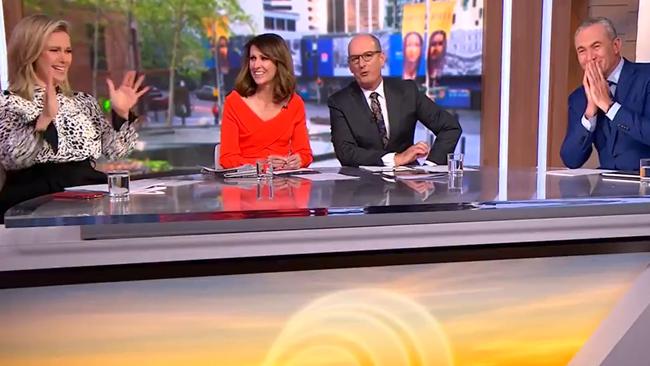 The Sunrise crew had an in-studio Covid scare recently: (from left) Edwina Bartholomew, Natalie Barr, David Koch and Mark Beretta.