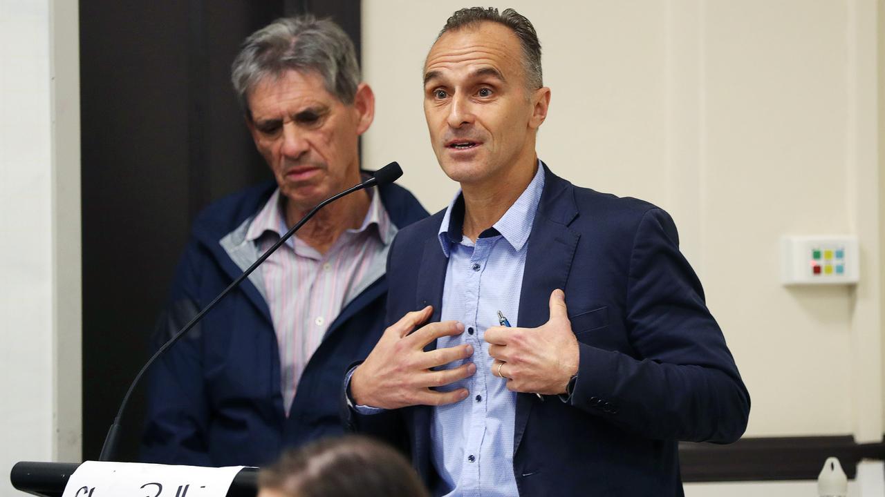 Cr Eddy Kontelj addressed the community at the Geelong West Town Hall. Picture: Alan Barber