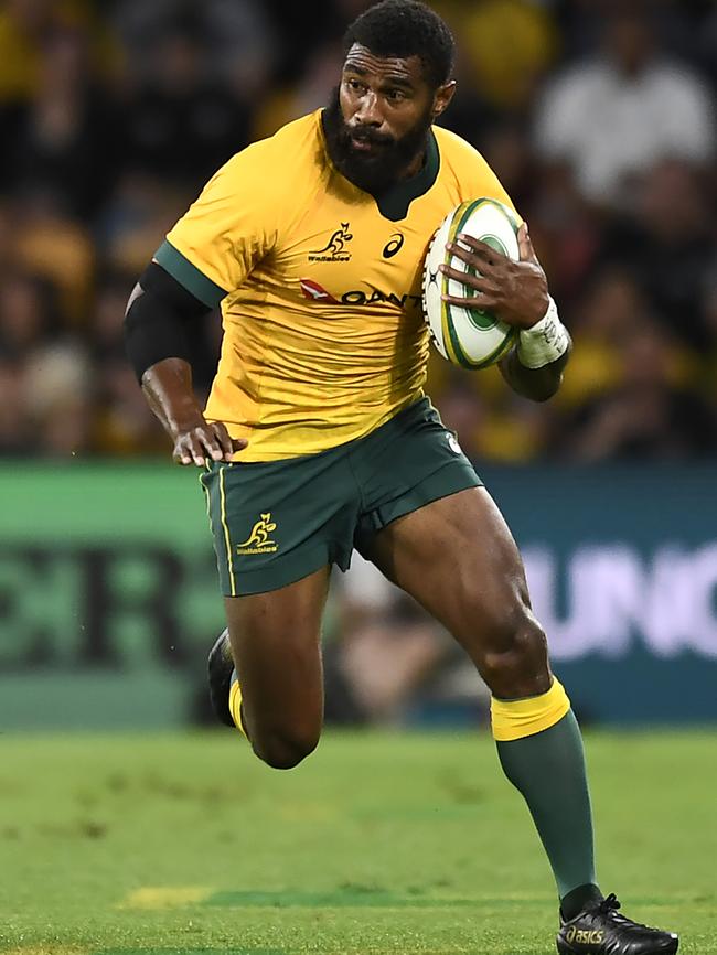 Marika Koroibete of the Wallabies with the ball during the match between the Australian Wallabies and the New Zealand All Blacks at Suncorp Stadium. Picture: Getty Images