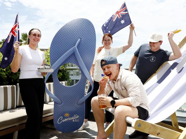 DAILY TELEGRAPH JANUARY 22, 2025. Cronulla RSL is one of dozens of NSW pubs and clubs getting loud and proud with Australia Day in 2025. The club will host a thong throwing competition, a pie eating contest and a lamington eating challenge. From left Lara Madden, Shev Lambert, Riley Comyns and Caleb Grace at the club ahead of Australia Day. Picture: Jonathan Ng