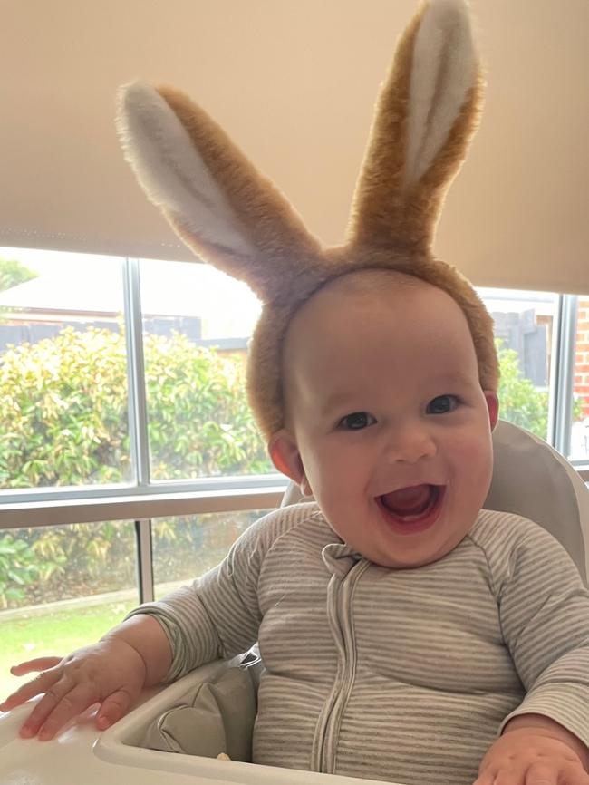 Ollie, six months old. Cheeky with the cutest smile.