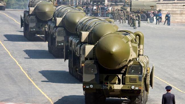 A convoy of nuclear missiles rolls out on to Red Square for a a parade rehearsal in May 2008. Picture: IStock