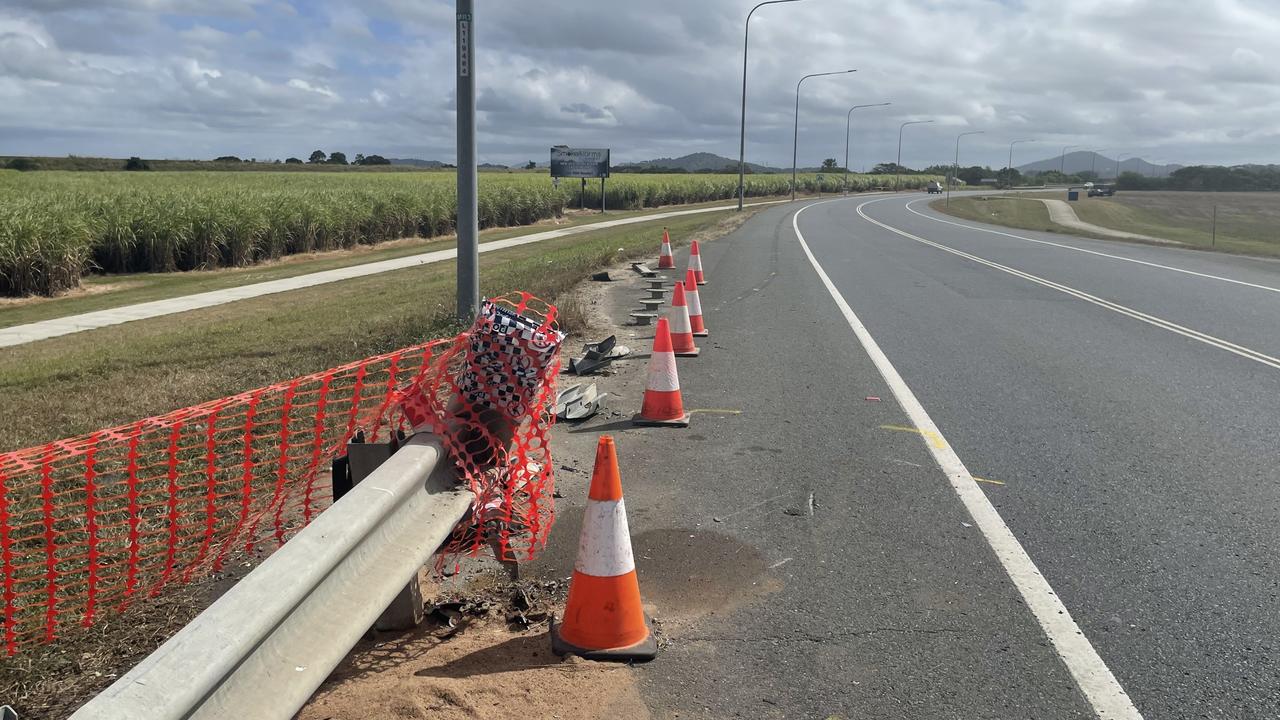 A man is in a serious condition with leg, chest and face injuries after a crash overnight into guard rail on Glenella Connection Road at West Mackay. June 26, 2022. Picture: Max O'Driscoll