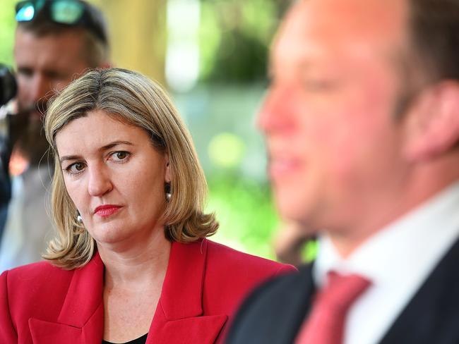 BRISBANE, AUSTRALIA - NewsWIRE Photos MARCH 6, 2024:  Minister Shannon Fentiman keeps an eye Premier Steven Miles at Parliament House.Premier Steven Miles and Minister Shannon Fentiman after the Criminal Law (Coercive Control and Affirmative Consent) and Other Legislation Amend onment Bill.Picture: NCA NewsWIRE / John Gass