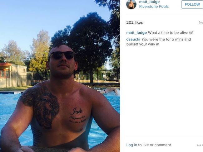 Picture from the Instagram account of former Wests Tigers NRL player Matthew Lodge.