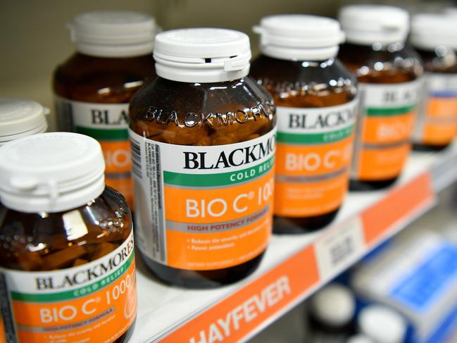 Blackmores vitamins are seen for sale at a chemist in Sydney, Tuesday, February 19, 2019. Blackmores shares have hit an 18-month low after the vitamin maker warned its sales in China were not expected to grow within the next six months. (AAP Image/Joel Carrett) NO ARCHIVING