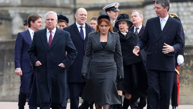 Prince Andrew, Mike Tindall, Sarah, Duchess of York, Princess Anne, and others arrive to attend the thanksgiving service for the life of King Constantine of the Hellenes. Picture: AFP