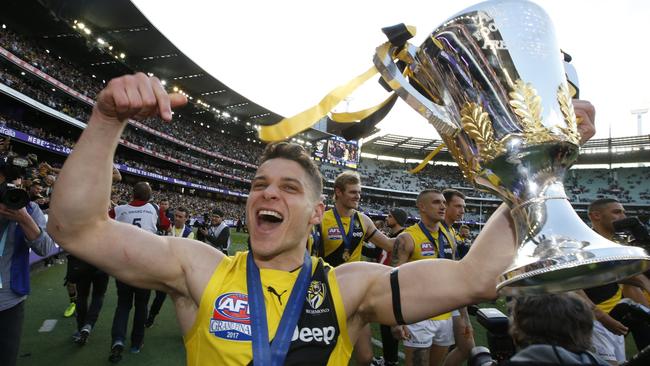 Richmond midfielder Dion Prestia celebrates last year’s Grand Final triumph. Picture: David Caird