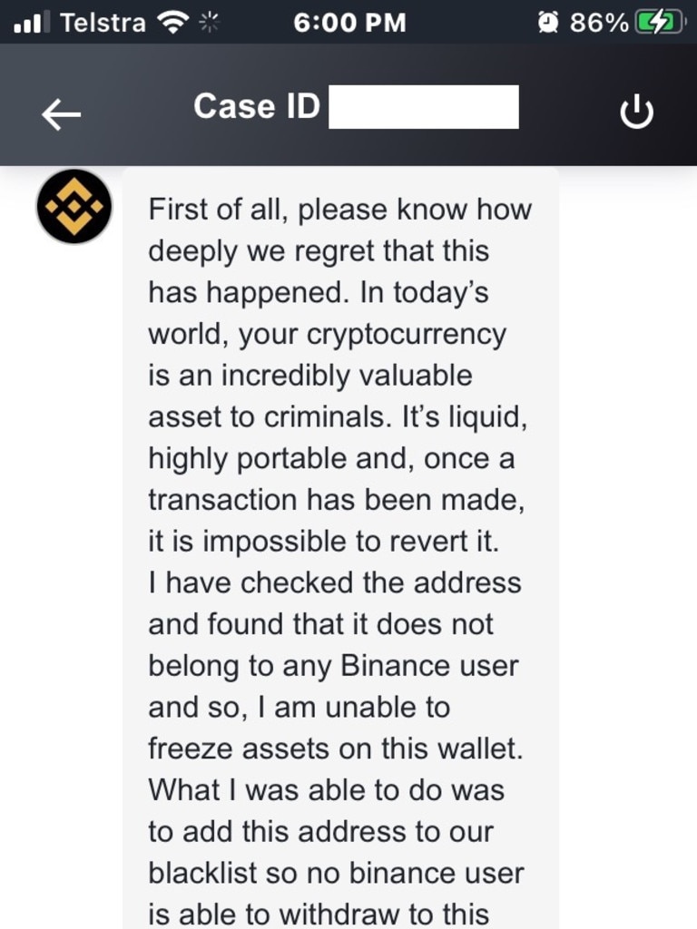 Alice said Binance was far from helpful and partially blamed them for losing her money.