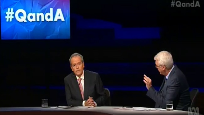 Bill Shorten (left) and Tony Jones on Q&amp;A last night. Picture: ABC