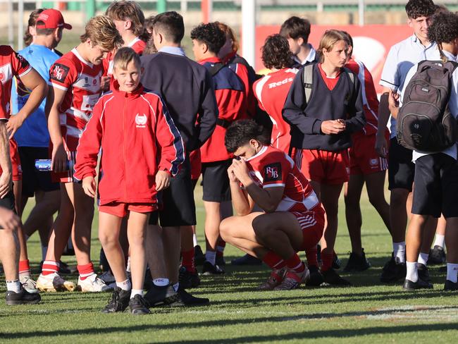 Palm Beach Currumbin SHS players feeling dejected after the game. Picture: NIGEL HALLETT