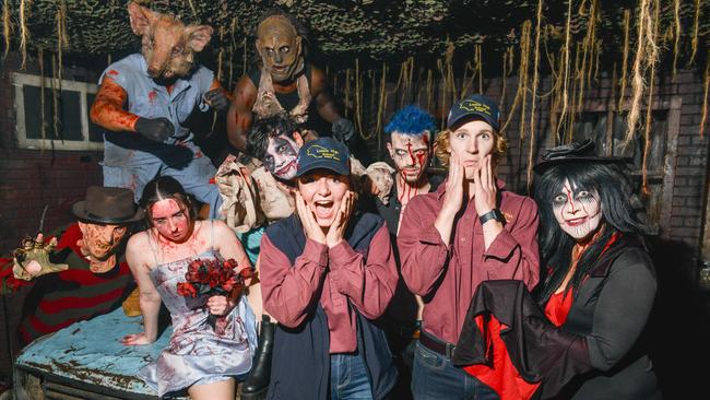 Loxton High School year 10 students Hunter Walmesley-Cotham and Javen Gum testing the Hollywood Horrors Haunted House ride at the Royal Show. Picture: Brenton Edwards