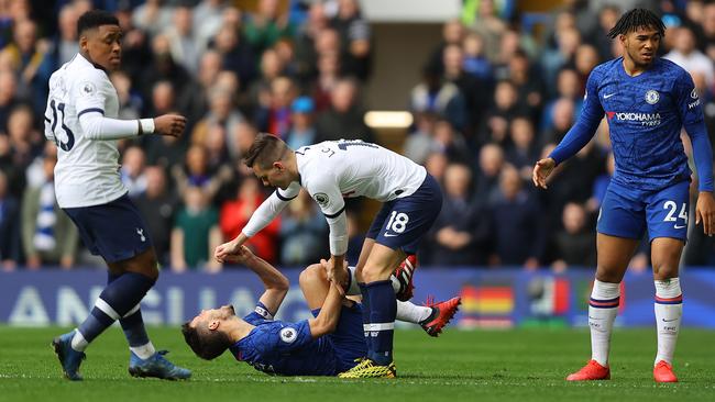 Giovani Lo Celso of Spurs, No 18, after clashing with Chelsea captain Cesar Azpilicueta at Stamford Bridge. Picture: Getty Images