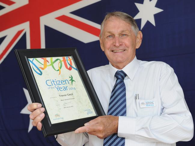 Beloved former Hervey Bay businessman Trevor Cecil with his Citizen of the Year award. Photo: Alistair Brightman / Fraser Coast Chronicle