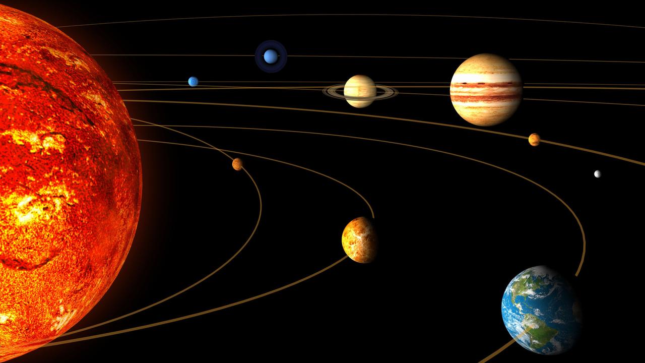 29/11/2007 WIRE: An artist rendition released by the European Space Agency on Wednesday, Nov. 28, 2007 shows the main bodies of the solar system, the Sun, Mercury, Venus, the Earth, from left in foreground, Uranus, Neptune, Saturn, Jupiter and Mars, from left in background. The Moon, the Earth's natural satellite, is seen at right in foreground, as the relative size of the orbits of the planets is not respected. Nearby planet Venus is looking a bit more Earth-like with frequent bursts of lightning confirmed by a new European space probe. For nearly three decades, astronomers have said Venus probably had lightning, ever since a 1978 NASA probe showed signs of electrical activity in its atmosphere. But experts were not sure because of signal interference. (AP