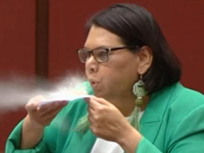 Greens Senator Dorinda Cox blowing an undisclosed white powder in the Senate.