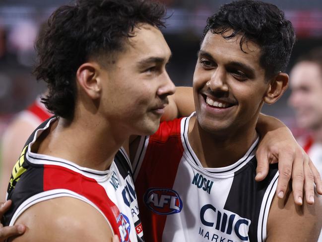 MELBOURNE, AUSTRALIA - APRIL 08: Mitch Owens and Nasiah Wanganeen-Milera of the Saints embrace after  the round four AFL match between St Kilda Saints and Gold Coast Suns at Marvel Stadium, on April 08, 2023, in Melbourne, Australia. (Photo by Darrian Traynor/Getty Images)