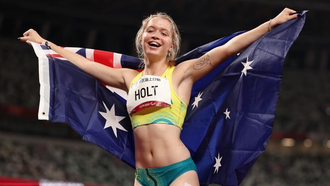 Silver medallist Isis Holt of Team Australia celebrates after Women's 200m - T35 Final on day 5 of the Tokyo 2020 Paralympic Games at Olympic Stadium on August 29, 2021 in Tokyo, Japan. (Photo by Adam Pretty/Getty Images)