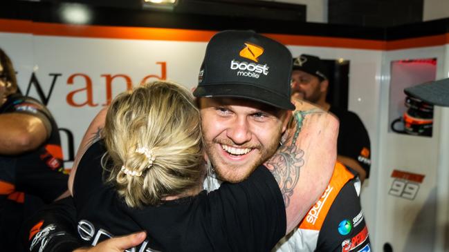 Brodie Kostecki celebrates after taking pole position for race two in the first round of the season. Picture: Daniel Kalisz/Getty Images