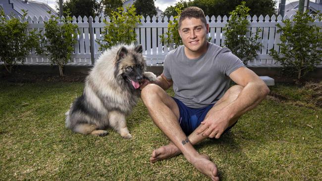 James O’Connor, at home in Brisbane with his dog Apollo. ‘When I stopped living just for myself, doors started opening,’ the rugby star says. Picture: Glenn Hunt