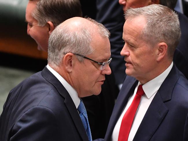 Prime Minister Scott Morrison and Leader of the Opposition Bill Shorten during division in the House of Representatives at Parliament House in Canberra, Thursday, December 6, 2018. (AAP Image/Mick Tsikas) NO ARCHIVING