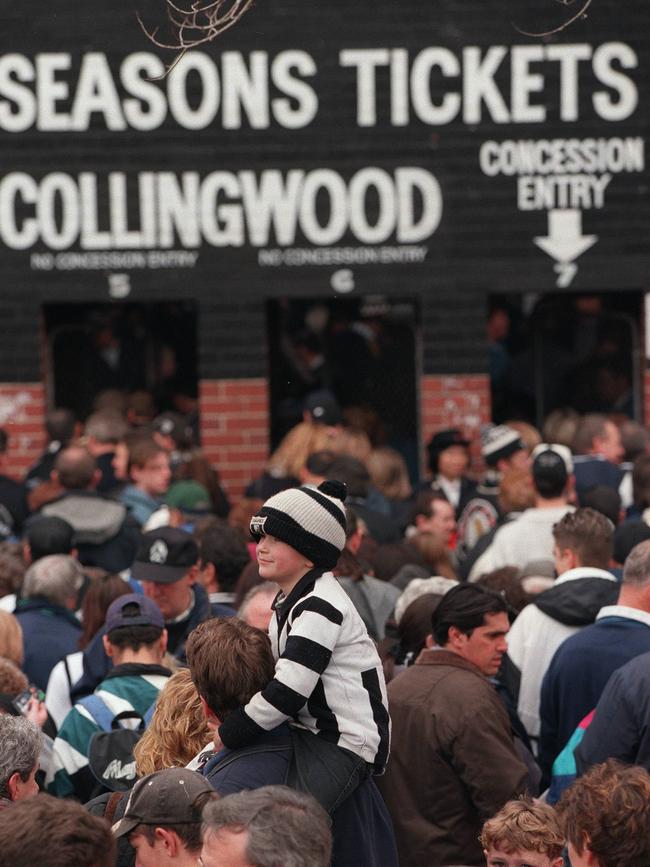 The faithful gather to watch their beloved Magpies play their last home ground at Victoria Park in July 1998. Picture: HWT Library