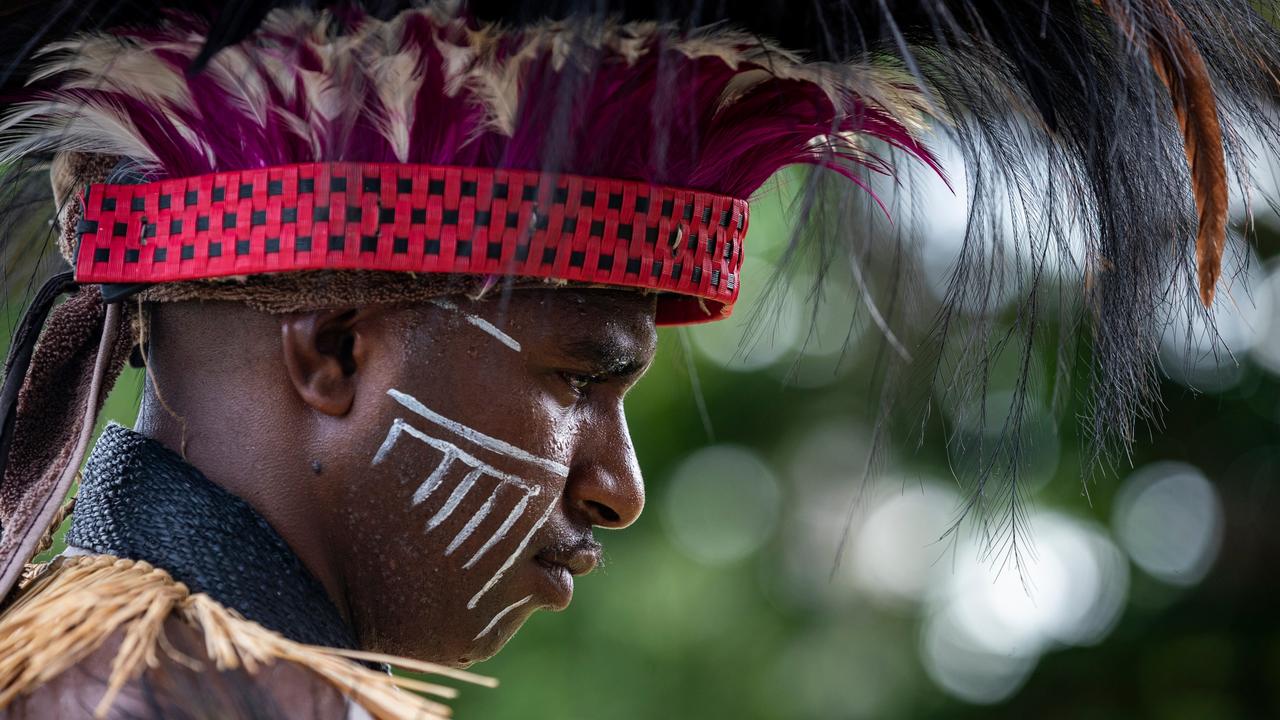 An Australian Army soldier from Sarpeye (Charlie) Company, 51 FNQR dressed in traditional Torres Strait Islander clothing during the Torres Strait Island Light Infantry Battalion 80th anniversary ceremony held at Thursday Island. PIcture: Supplied