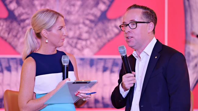 Katie Woolf interviews Qantas chief executive Alan Joyce at the 2018 QantasLink It's A Bloke Thing Prostate Cancer Luncheon. Picture: Michael Franchi