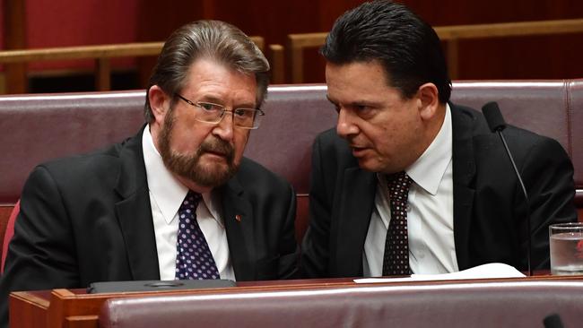 Senator Derryn Hinch and Senator Nick Xenophon during Question Time last week. Picture: AAP