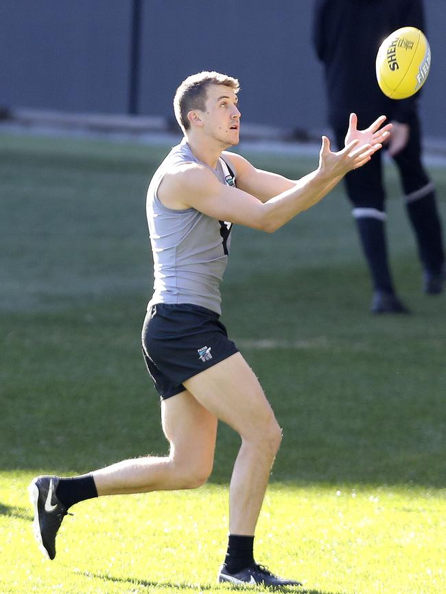 Former Melbourne captain Jack Trengove trains at Alberton Oval ahead of his first AFL game for the Power. Picture SARAH REED