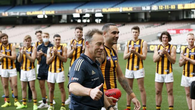 Alastair Clarkson leaves the field after his last match in charge of the Hawks. Picture: Getty Images