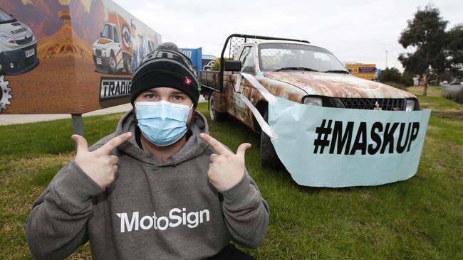 Matt Leggier, had the idea to wrap a ute with a vinyl mask to promote the wearing of face masks outside the Kilsyth shop on Canterbury Road. Picture: David Caird