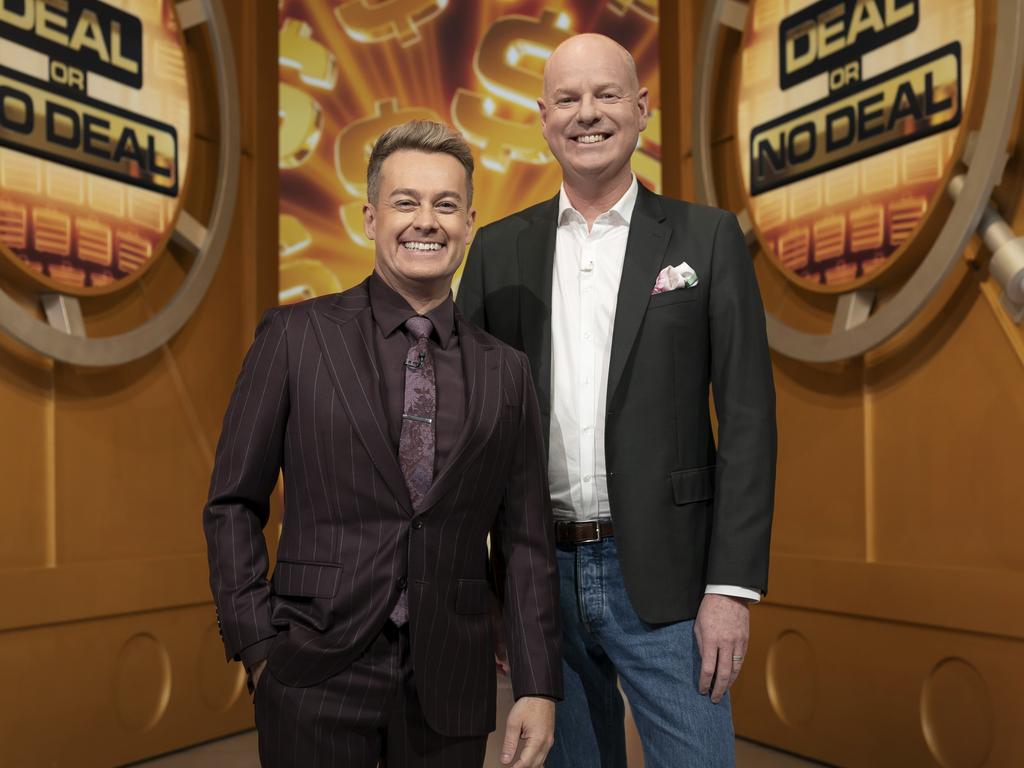 Grant Denyer and Tom Gleeson on Deal or No Deal: Celebrity Jackpot Special. Picture: Channel 10