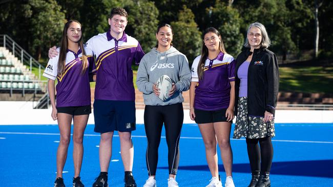 Left to right: GOAL College students Kiani Duckett (Year 12) and Luke Duffy (Year 11), ambassador and Parramatta Eels NRLW star Kennedy Cherrington, Year 12 student Shanelle Lyons and Principal Kate O'Donnell at the Quaycentre in Homebush. Picture: Christian Gilles