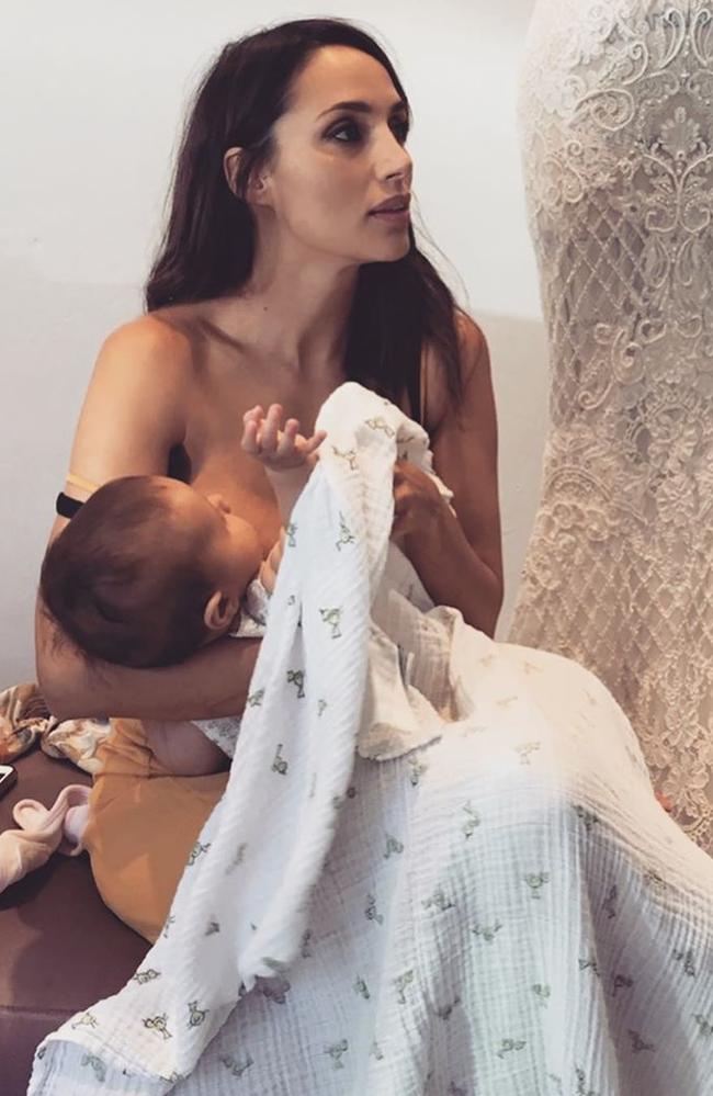 Snez recently took to Instagram to share this snap of herself feeding her daughter Willow while she was at a fitting for her wedding dress. Picture: Instagram/snezanawood