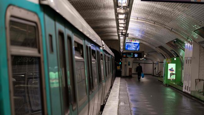 A near deserted platform on the Paris metro on Saturday. Picture: AFP