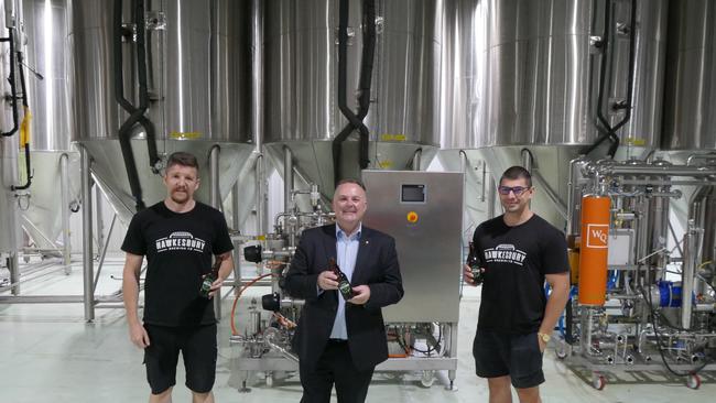 ABC Fillings' operations manager Adam Neale, Terrigal State Liberal MP Adam Crouch and head brewer Tim Best. Picture: Supplied