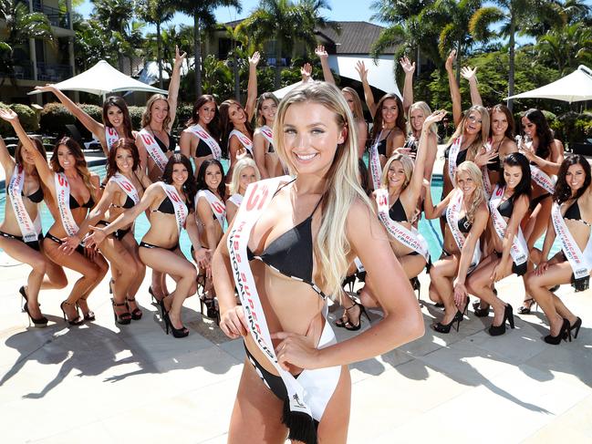 Poolside at Mercure Resort Gold Coast. Miss Supercars finalists sporting the slick new Procomp Aus Checkered bikini. Gold Coaster Megan Hall. Picture: Richard Gosling