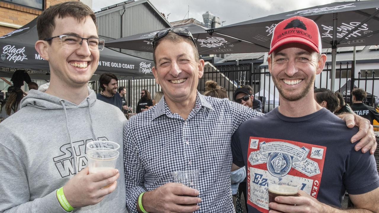 (from left) Dan, Chris and Josh Kassulke at Brewoomba craft beer festival, Fitzy's. Saturday, August 13, 2022. Picture: Nev Madsen.